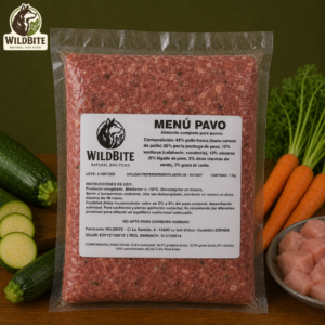 Menú BARF de Pavo Wild Bite, alimentación natural para perros elaborada con carne de pavo e ingredientes frescos.