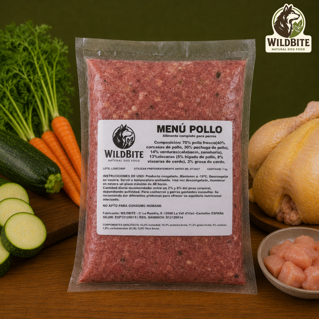 Menú BARF de Pollo Wild Bite, alimentación natural para perros elaborada con ingredientes frescos y carne de pollo.