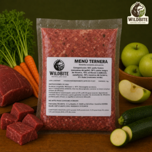 Menú BARF de Ternera Wild Bite, alimentación natural para perros elaborada con carne de ternera e ingredientes frescos.