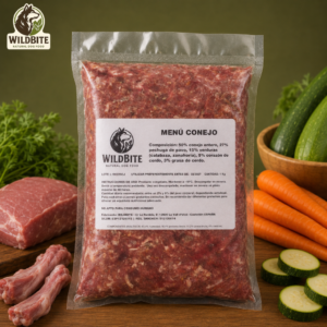 Menú BARF de Conejo Wild Bite, alimentación natural para perros elaborada con carne de conejo e ingredientes frescos.
