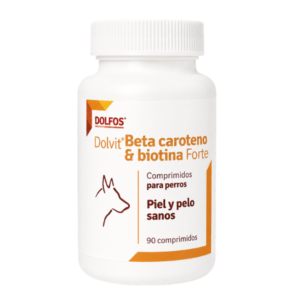 Dolfos Dolvit Beta Caroteno & Biotina Forte, suplemento nutricional para perros y gatos con beta caroteno, biotina y vitaminas, formulado para favorecer la salud de la piel, fortalecer el pelaje y mantener un aspecto brillante y saludable.