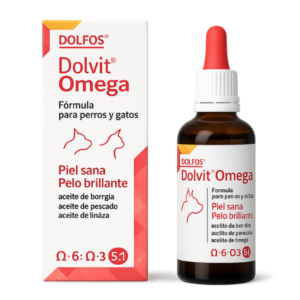 Dolfos Dolvit Omega, suplemento nutricional con ácidos grasos Omega-3 y Omega-6 para perros y gatos, formulado para favorecer la salud de la piel, el brillo del pelaje y el bienestar general, aportando nutrientes esenciales para el cuidado diario.