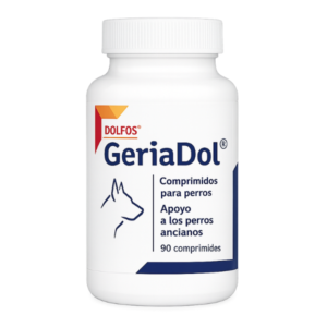 Dolfos GeriaDol, suplemento nutricional para perros y gatos senior formulado para apoyar el bienestar general durante el envejecimiento, aportando vitaminas, minerales y nutrientes esenciales para mantener la vitalidad y la calidad de vida.