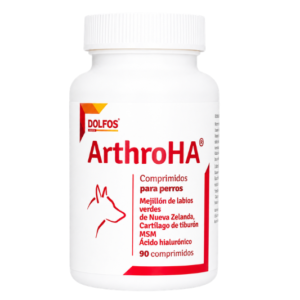 Dolfos ArthroHA, suplemento nutricional para perros y gatos con ácido hialurónico y nutrientes específicos para contribuir al mantenimiento de las articulaciones, el cartílago y la movilidad, favoreciendo el confort articular y el bienestar diario.