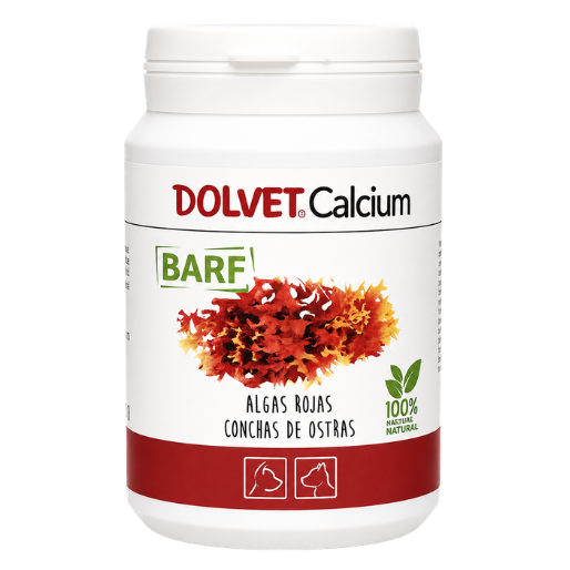 Dolfos Dolvet Calcium, suplemento de calcio para perros y gatos elaborado con algas rojas y conchas de ostras, ideal para complementar dietas BARF y aportar calcio de alta absorción.