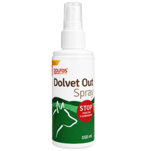 Dolfos Dolvet Out Spray, spray natural para perros con aceites esenciales que ayuda a mantener alejados garrapatas, mosquitos, pulgas, moscas y otros insectos.