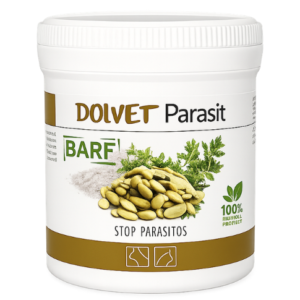 Dolfos Dolvet Parasit, suplemento natural para perros y gatos con extractos de calabaza, tomillo, hinojo, ajenjo y tierra de diatomeas, indicado como apoyo frente a parásitos intestinales.