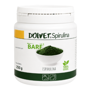 Dolfos Dolvet Spirulina, suplemento de espirulina para perros y gatos con 97% de espirulina y 3% de levadura de cerveza seca, rico en proteínas, vitaminas y minerales.