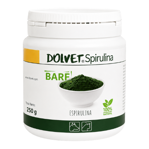 Dolfos Dolvet Spirulina, suplemento de espirulina para perros y gatos con 97% de espirulina y 3% de levadura de cerveza seca, rico en proteínas, vitaminas y minerales.