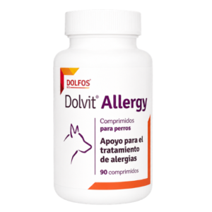 Dolfos Dolvit Allergy, suplemento nutricional para perros y gatos formulado para ayudar a mantener la salud de la piel, reforzar la barrera cutánea y favorecer el bienestar de las mascotas con sensibilidad o reacciones alérgicas.