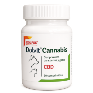 Dolfos Dolvit Cannabis, suplemento nutricional en comprimidos para perros y gatos formulado con ingredientes de origen vegetal para favorecer el bienestar general y complementar la alimentación diaria de las mascotas.