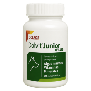 Dolfos Dolvit Junior, suplemento de vitaminas y minerales para cachorros y perros jóvenes, con calcio y fósforo para complementar la alimentación durante el crecimiento y favorecer un desarrollo adecuado.