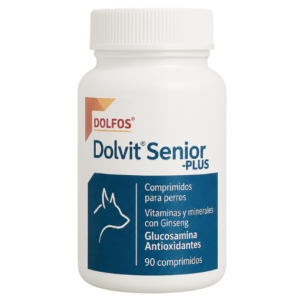 Dolfos Senior Plus, suplemento nutricional para perros senior formulado con vitaminas, minerales y nutrientes esenciales para favorecer la vitalidad, la función cognitiva, el bienestar general y una mejor calidad de vida durante el envejecimiento.