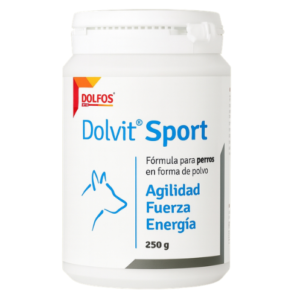 Dolfos Dolvit Sport, suplemento nutricional para perros deportistas, de trabajo y alta actividad física, formulado con vitaminas, minerales y nutrientes esenciales para favorecer el rendimiento, la resistencia, la recuperación muscular y el bienestar general.