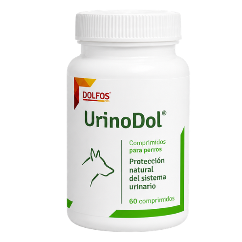 Dolfos UrinoDol, suplemento para el tracto urinario de perros y gatos con arándano rojo, perejil, glucosamina y ácido hialurónico, formulado para favorecer la salud y el correcto funcionamiento del sistema urinario.