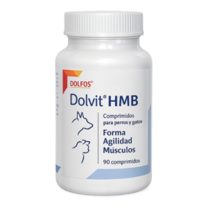 Dolfos Dolvit HMB, suplemento nutricional para perros con HMB (β-hidroxi β-metilbutirato), formulado para favorecer el desarrollo y mantenimiento de la masa muscular, apoyar la recuperación tras el ejercicio y mejorar la condición física en perros activos y deportivos.