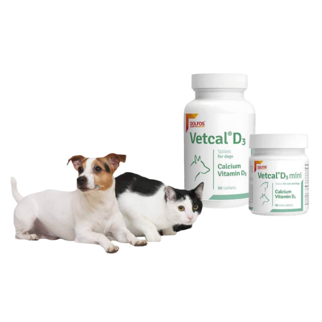 Vetcal D3 de Dolfos con calcio y vitaminas D3 y K para favorecer la correcta mineralización de huesos y dientes.
