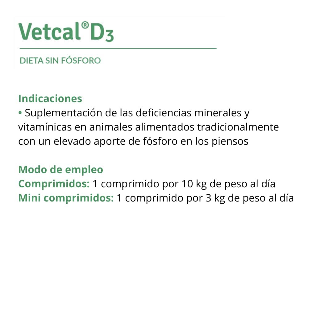 Modo de empleo de Vetcal D3 de Dolfos con la dosis diaria recomendada según el peso del perro.