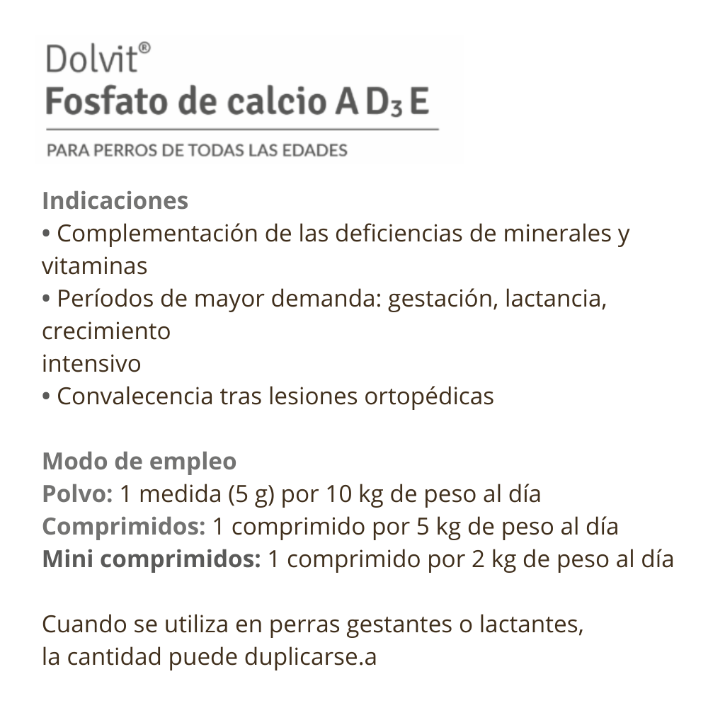 Dolvit Fosfato de Calcio A D3 E para cachorros en crecimiento